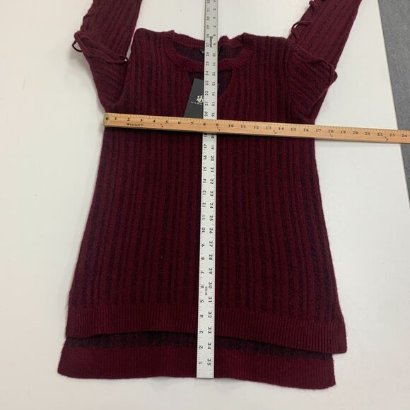 Rock & Republic Cutout Sweater Women XS Extra Small Maroon Lace Up Sleeve Chunky - Picture 7 of 14